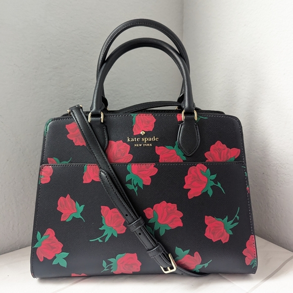 KATE SPADE MADISON MEDIUM SATCHEL SHOULDER BAG TOTE ROSE TOSS PRINT  LEATHER - Picture 1 of 4